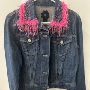 Ladies Denim Jacket with pink and lime beaded fringe